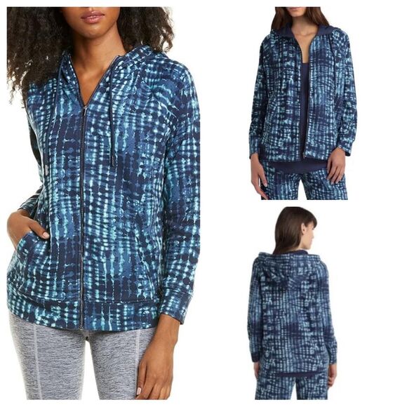 H by Halston Wm’s Sz Med Ocean Wave Classic Navy Zipper Hoodie Sweat Jacket - Picture 2 of 5